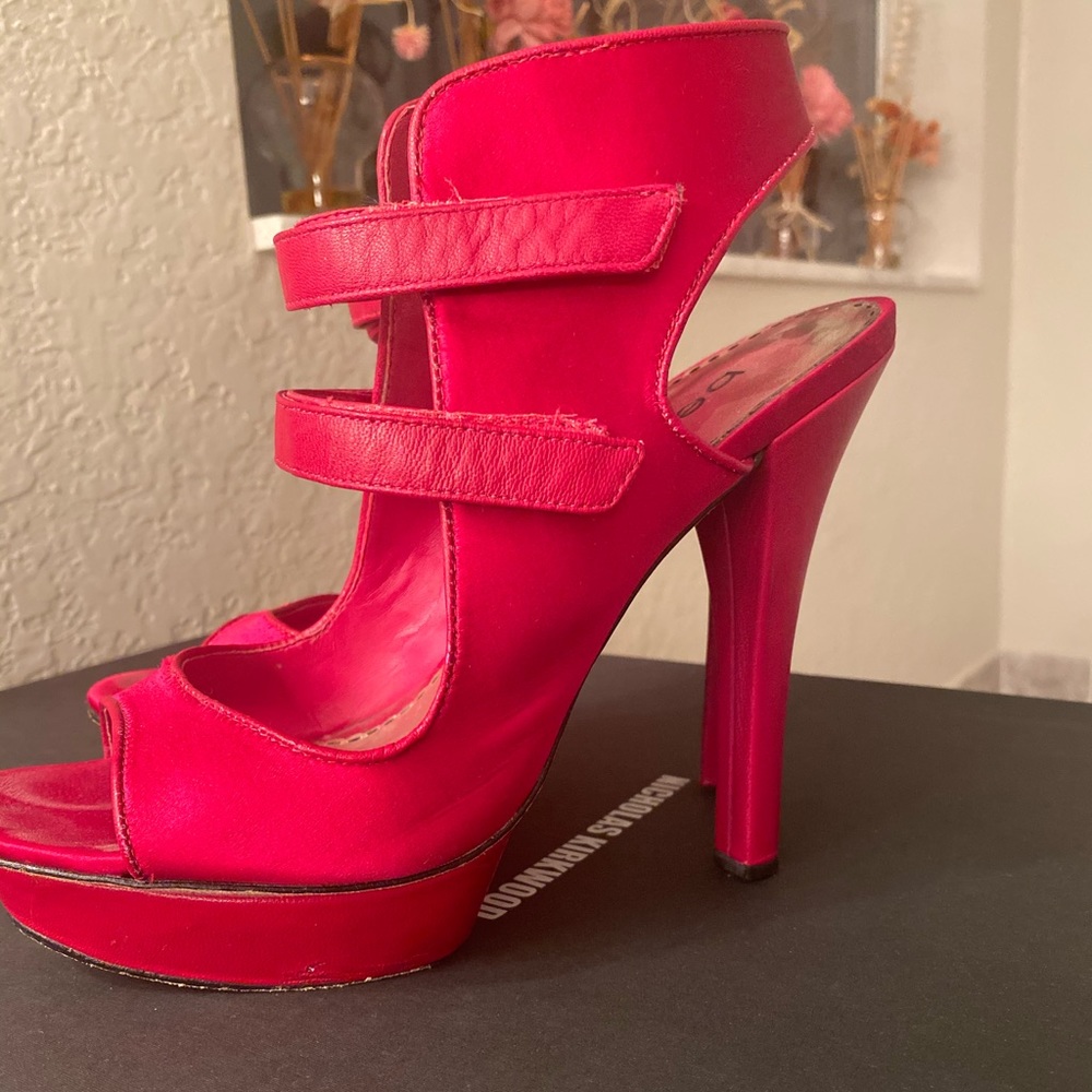 BEBE Platform Heels ankle straps pink satin